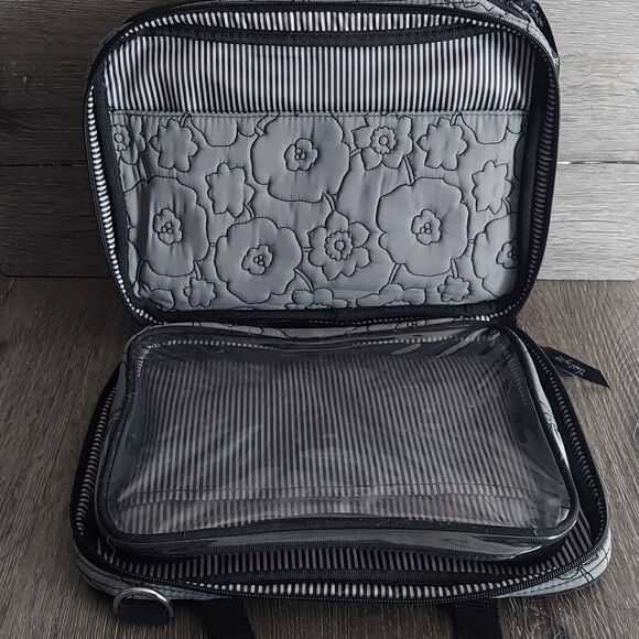 Thirty One Gray Quilted Poppy Double Zip Cosmetic Bag Organizer Travel Tote - Picture 4 of 8